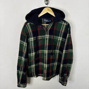 Polo Ralph Lauren Men L Plaid Knit Quilted Hybrid Flannel Jacket Hooded Hooded
